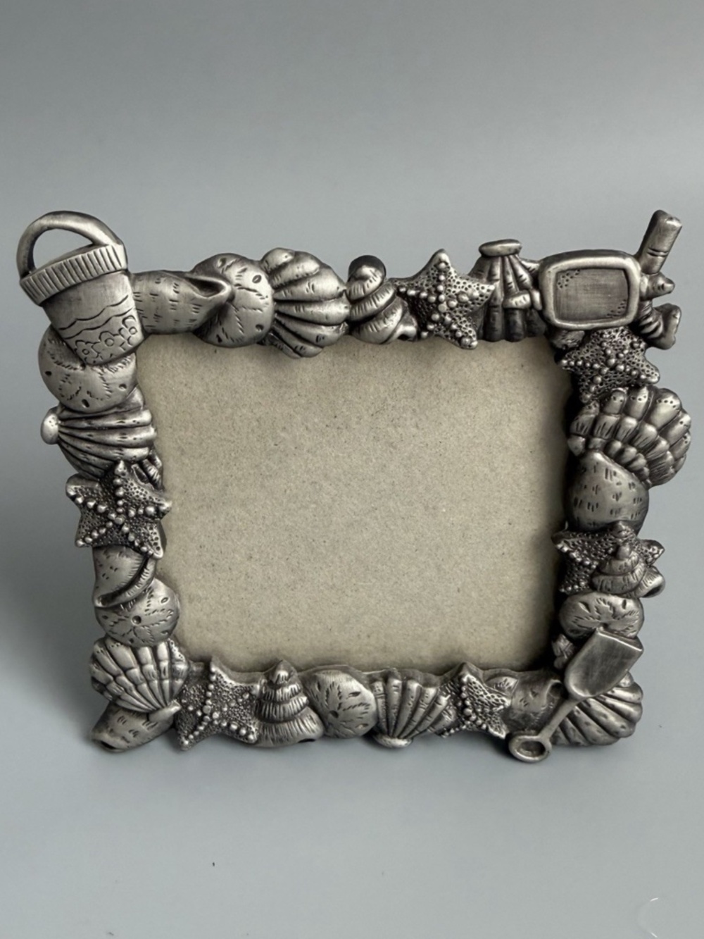 Pewter Beach Coastal Photo Frame 3 x 3 Seashell Starfish Snorkel Bucket Glass